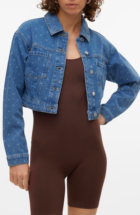 Vero Moda Ruby Dot Print Crop Denim Jacket In Medium Blue Denim