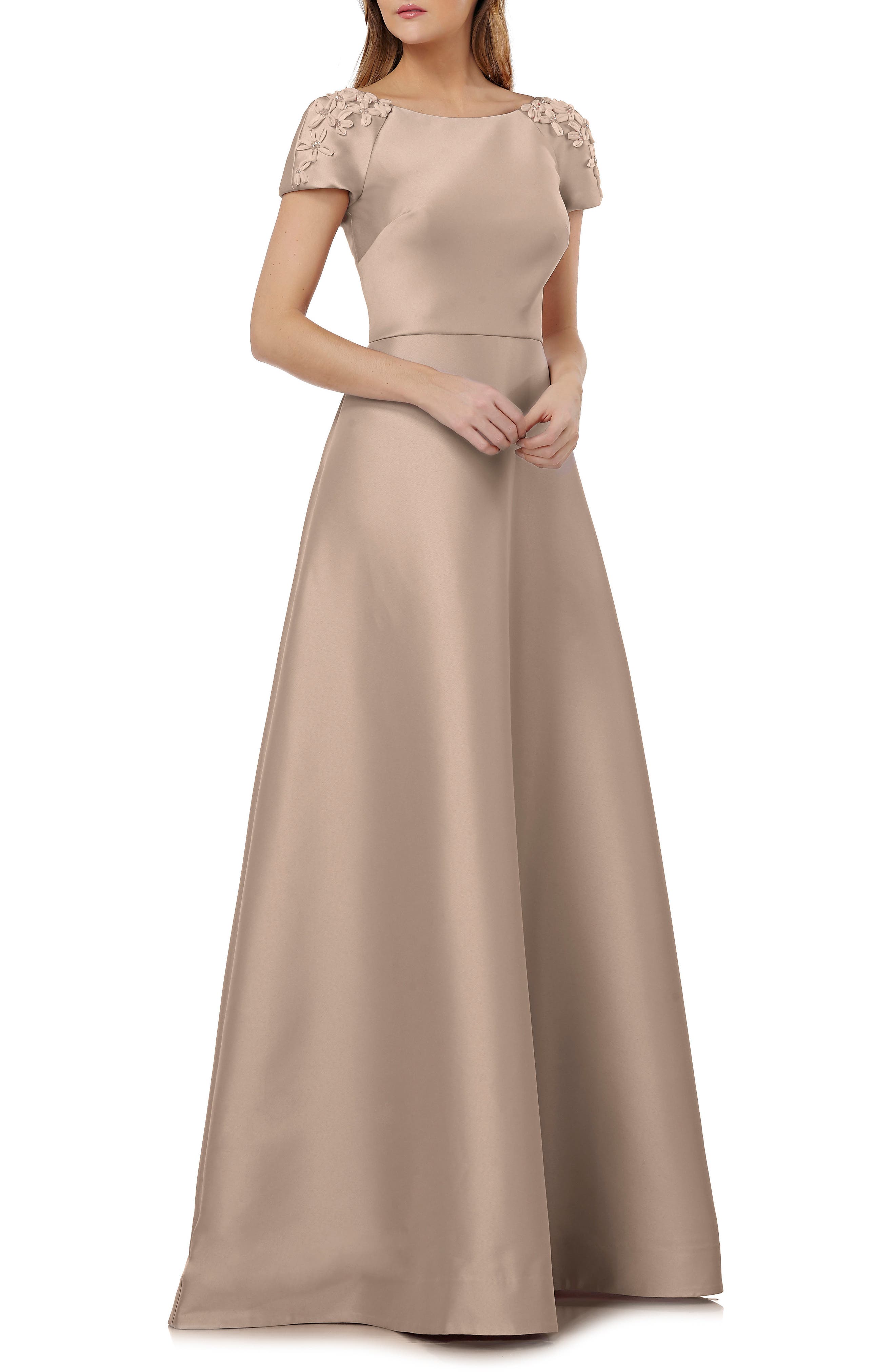 Kay Unger Embellished Sleeve Stretch Mikado Gown, Beige