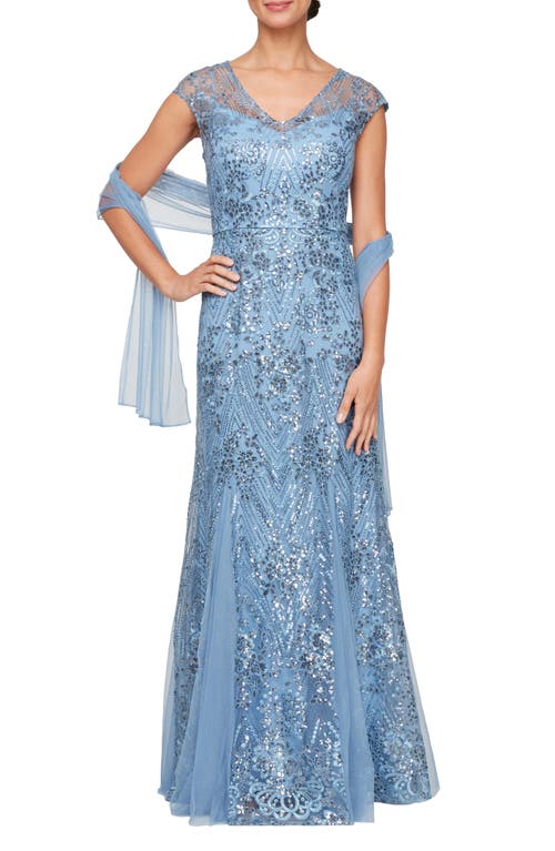 Alex Evenings Sequin Tulle Trumpet Gown with Shawl Vintage Blue at Nordstrom,