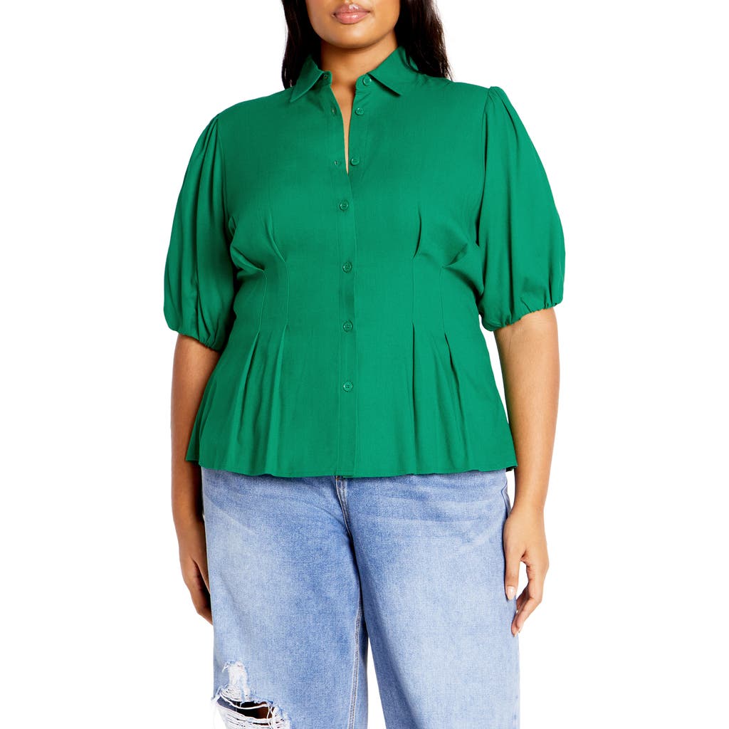 City Chic Betty Short Sleeve Button-up Shirt In Green