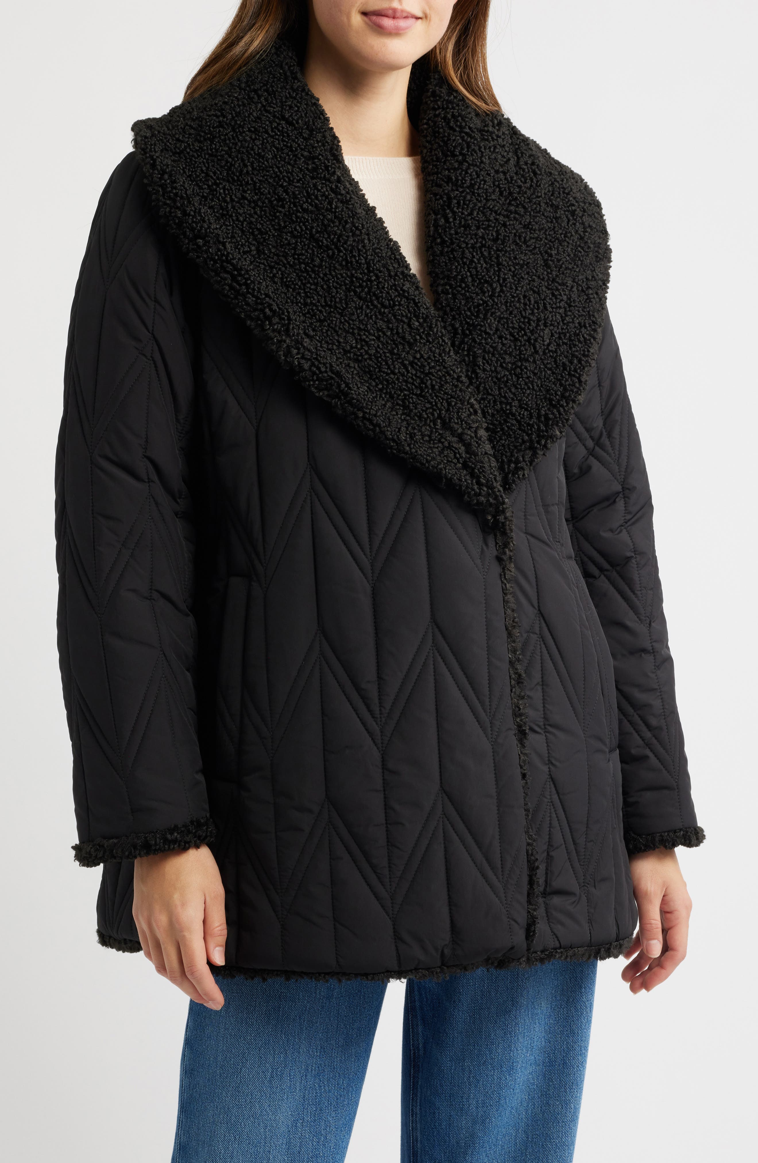 Bernardo Quilted Faux Shearling Lined Jacket in Black 