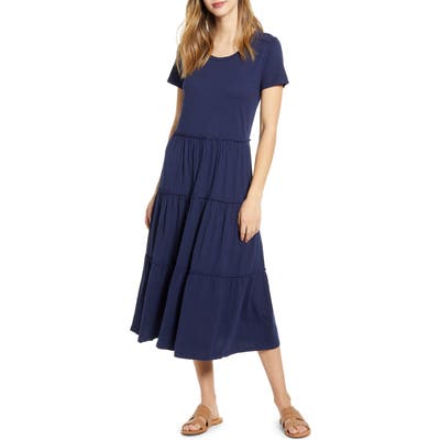 Petite Caslon Tiered Knit Short Sleeve Dress, Blue