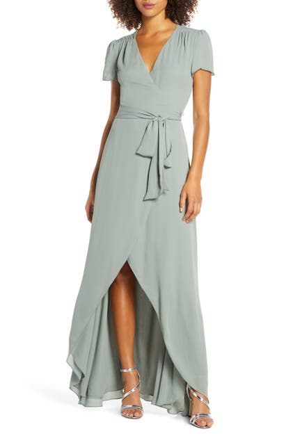 Wayf The Zoey Short Sleeve Wrap Gown In Moss | ModeSens
