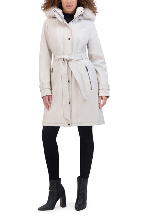 Kenneth Cole Belted Faux Fur Trim Hooded Coat in Stone 