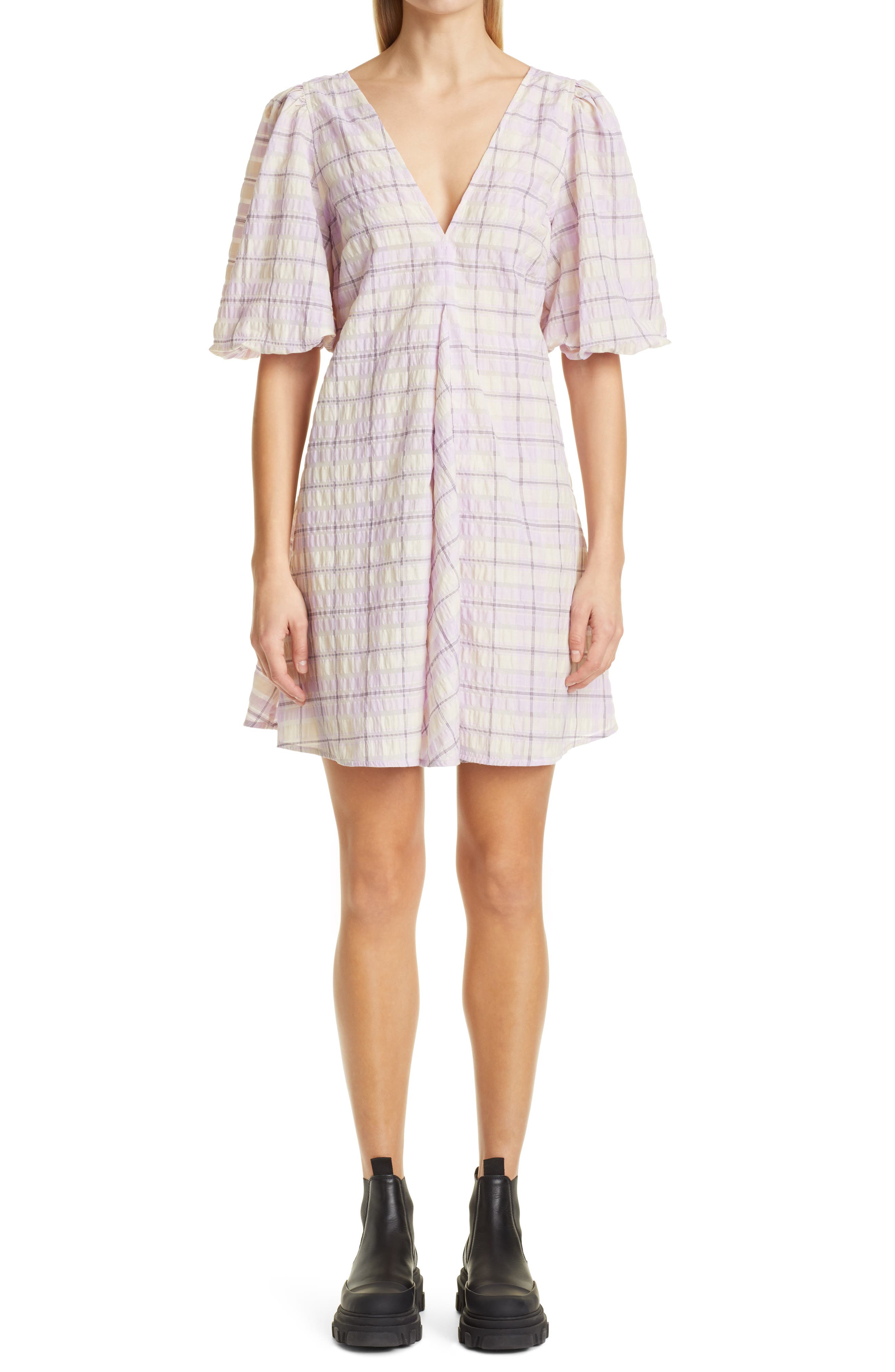 Ganni Check Seersucker Puff Sleeve Minidress in Orchid Bloom at Nordstrom, Size 10 Us