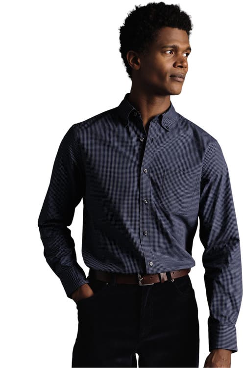 Slim Fit Button-Down Collar Non-Iron Stretch Poplin Mini Gingham Shirt in Indigo Blue