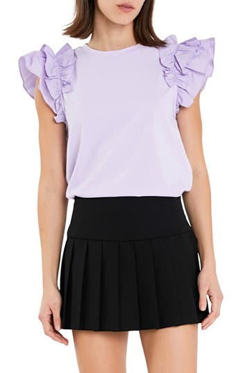 English Factory Ruffle Sleeve Mix Media Cotton Top In Lilac