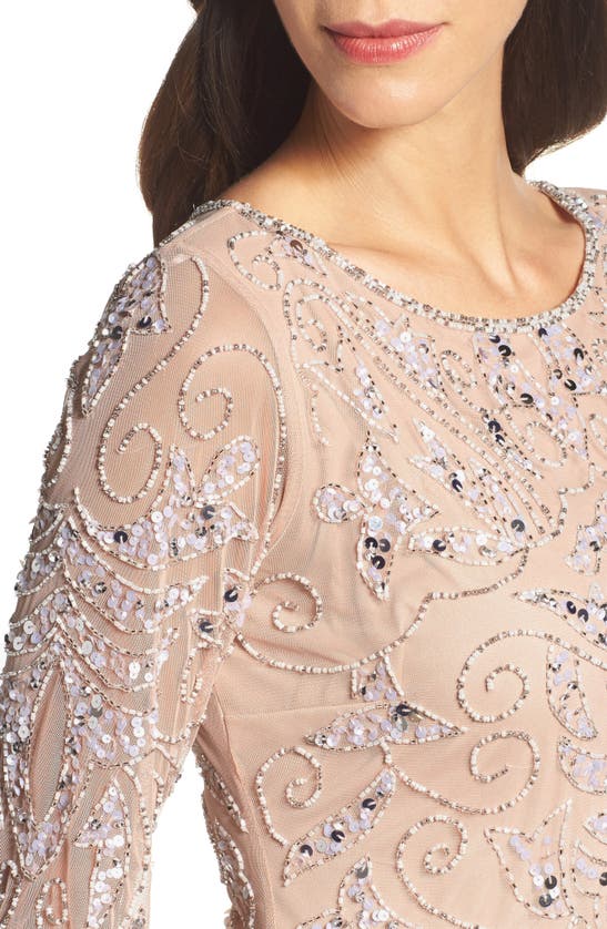 Pisarro Nights Illusion Sleeve Beaded A-line Gown In Blush