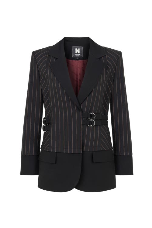 Shop Nocturne Striped Double Breasted Jacket With Belt Detail In Black