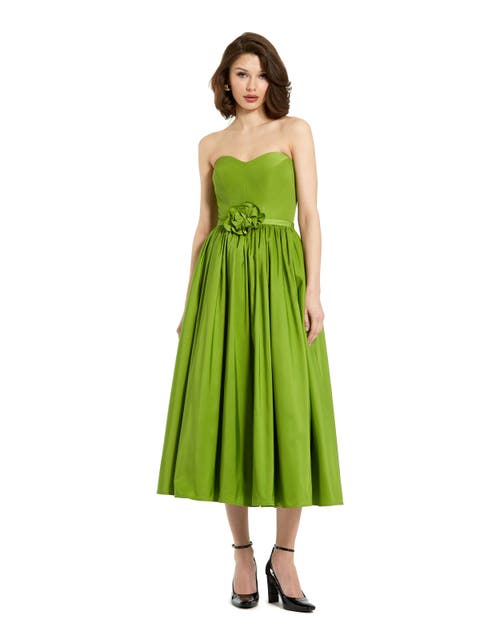 Mac Duggal Strapless Faille A-line Rose Detailed Midi Dress In Pear