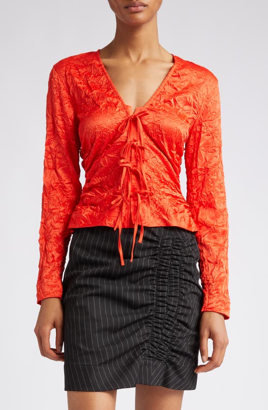 Ganni Crinkled-finish Ruched Top In Grenadine