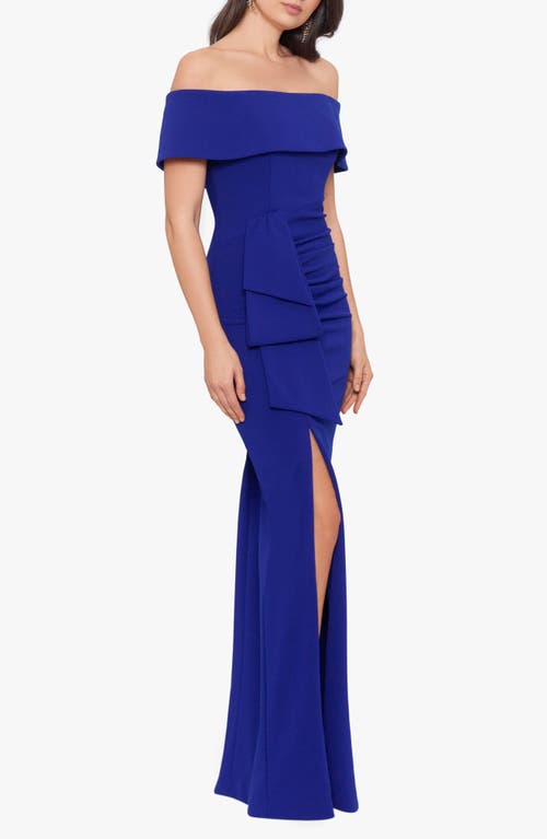 Xscape Evenings Ruched Off The Shoulder Crepe Gown In Marine