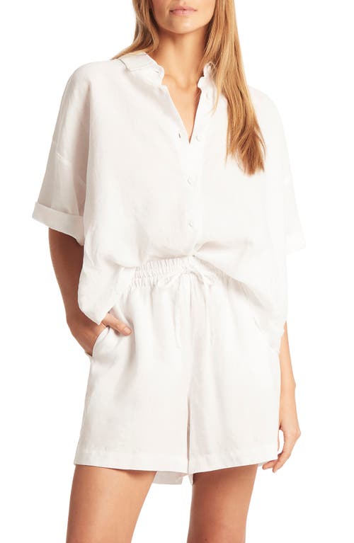 Tidal Resort Linen Cover-Up Button-Up Shirt in White