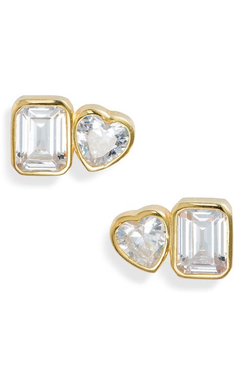 Fancy 2-Stone Bezel Stud Earrings in Gold/White