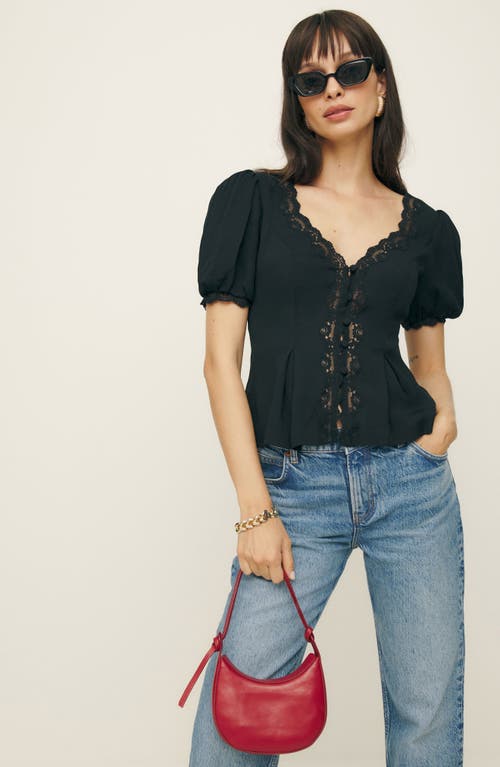 Reformation Minette Lace Puff Sleeve Top In Black