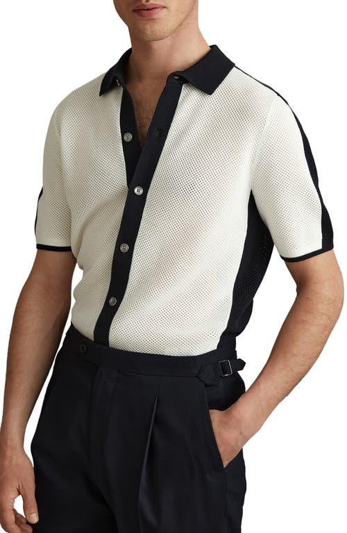 Reiss Misto Mesh Button-up Polo Sweater In Navy/optic White