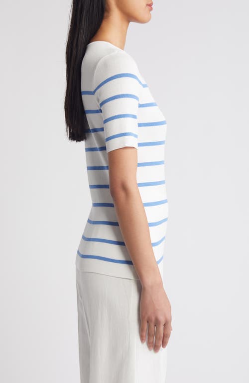 Tahari Asl Stripe Short Sleeve Sweater In Ivory Summer Sky