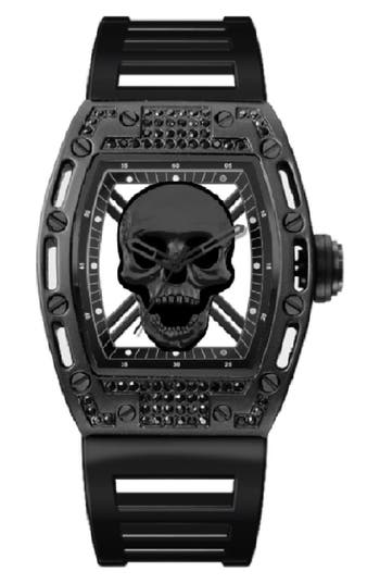 Shop Ed Hardy X  Crystal Skull Plastic Strap Watch, 30mm X 34.5mm In Brushed Black/matte Black