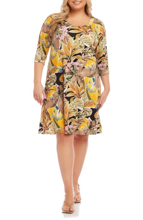 Floral Three-Quarter Sleeve Jersey Dress (Plus)