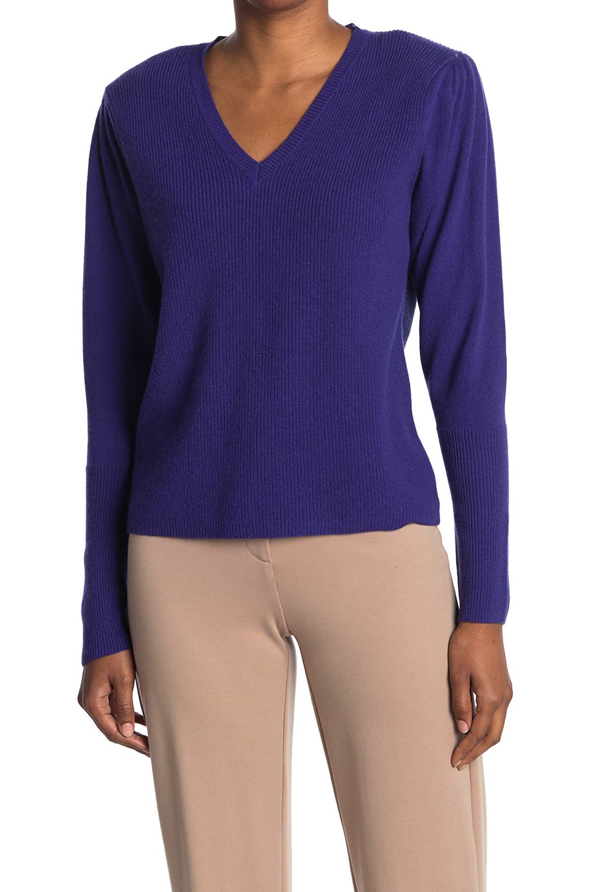 Nicole Miller V-neck Puff Sleeve Cashmere Sweater In Bright Blue5