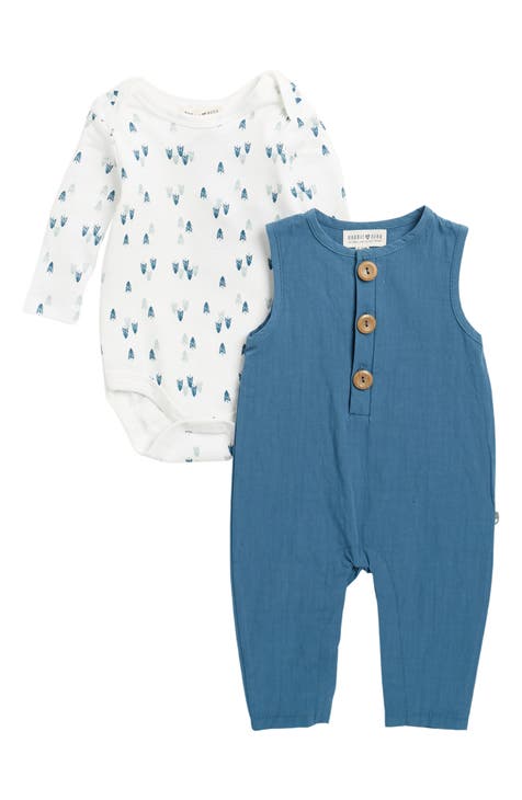 Organic Cotton Long Sleeve Bodysuit & Overalls Set (Baby Boys)