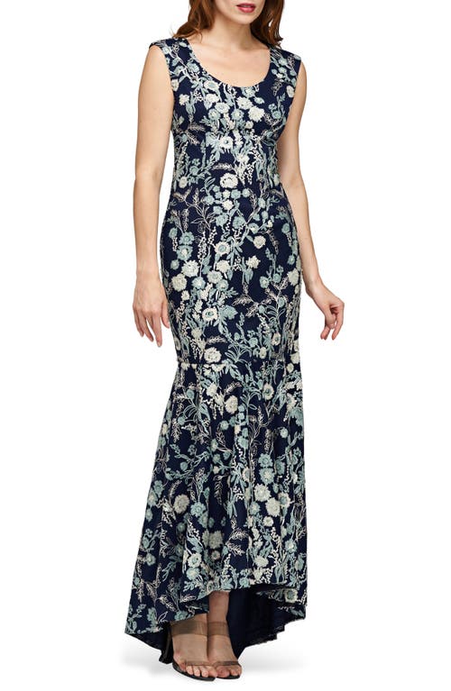 Shop Js Collections Rosaline Floral Embroidered High-low Gown In Navy/sage