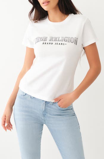 True Religion Brand Jeans Rhinestone Accent Cotton Graphic T-shirt In White