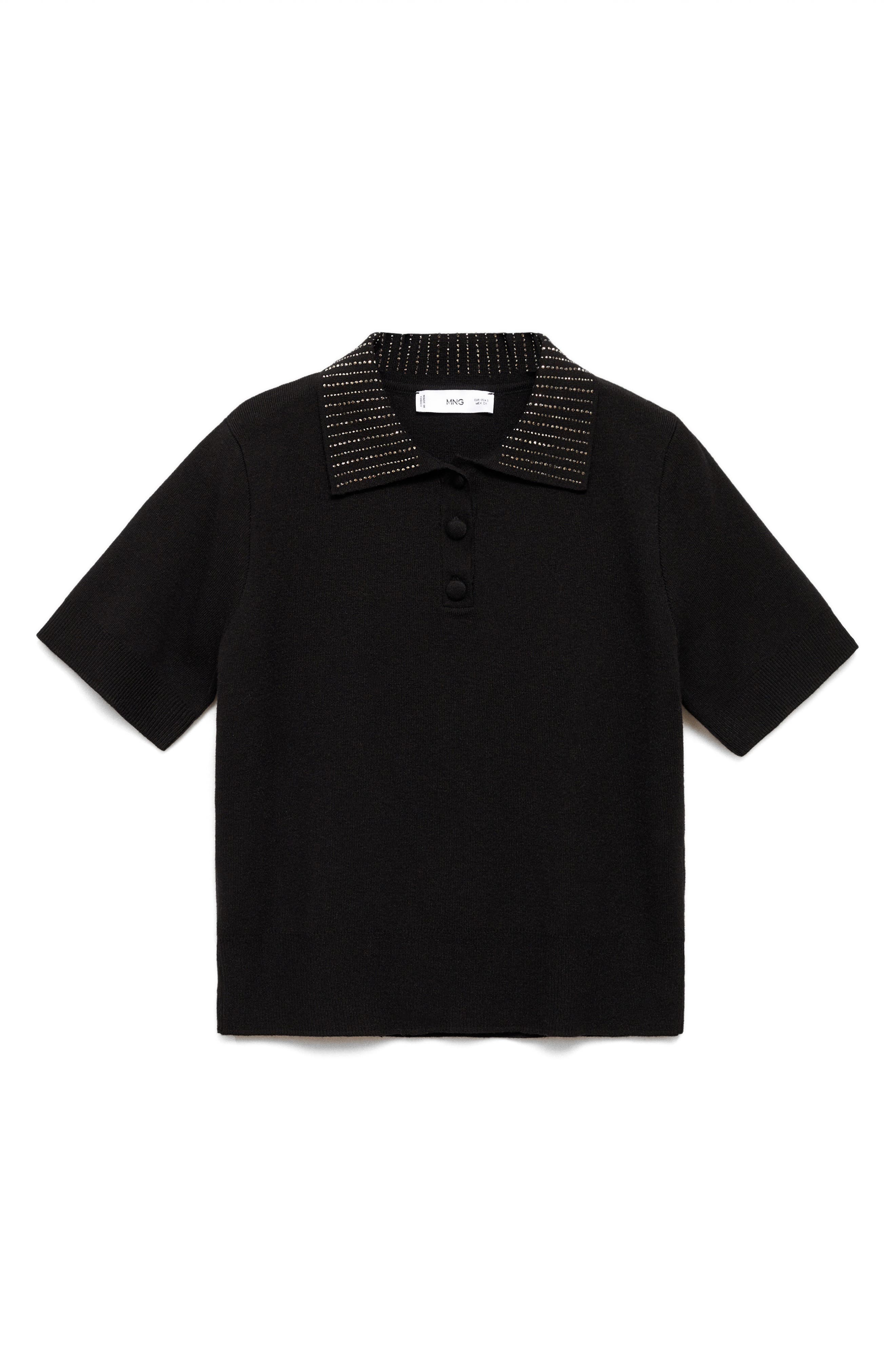 Mango Rhinestone Collar Knit Polo Shirt In Black