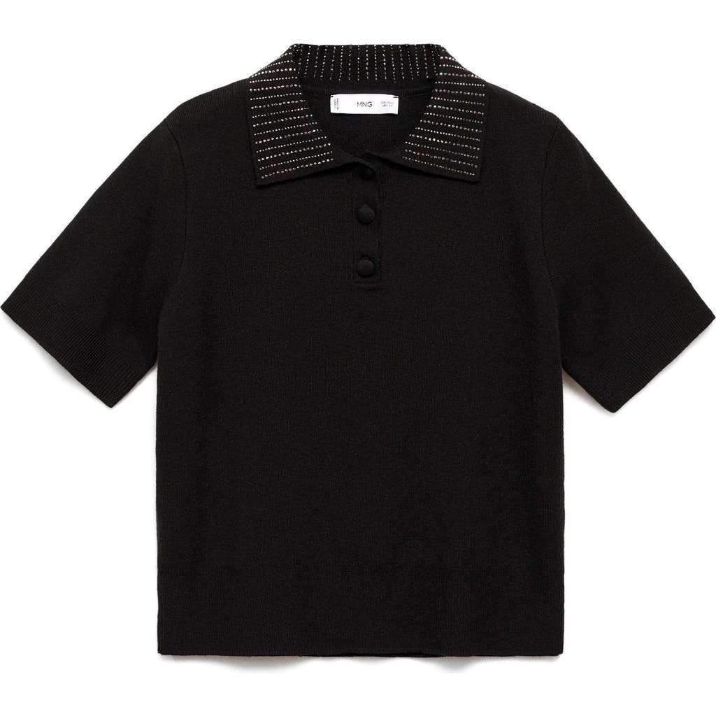 Mango Rhinestone Collar Knit Polo Shirt In Black