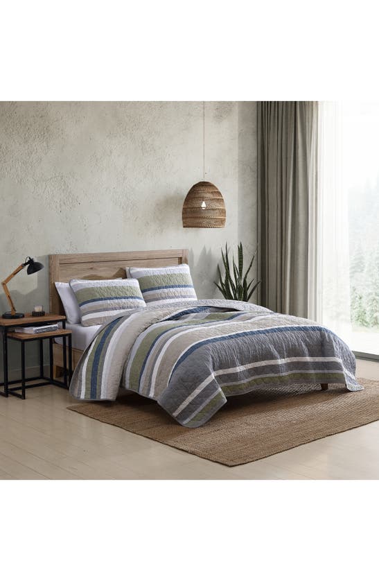 Eddie Bauer Salmon Ladder Cotton Quilt 3-piece Set In Khaki/ Navy