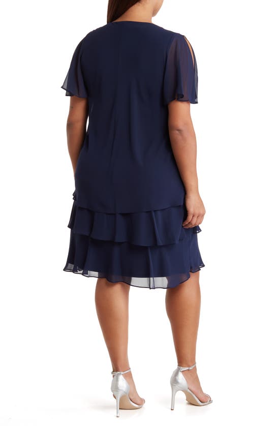 Shop Marina Crystal Teardrop Tiered Chiffon Sheath Cocktail Dress In Navy