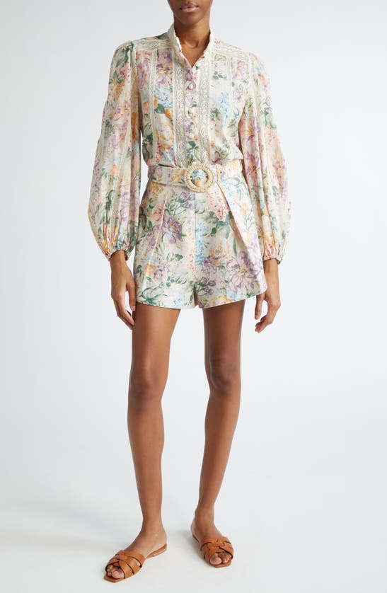 Shop Zimmermann Halliday Floral Lace Trim Balloon Sleeve Cotton Button-up Shirt In Multi Watercolour Floral