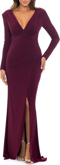 Xscape Stretch V-Neck Long Sleeve Cascading Ruffle Gown