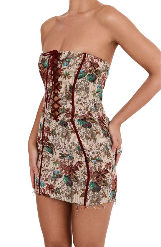 Mistress Rocks Floral Jacquard Strapless Corset Minidress In Beige Multicolor