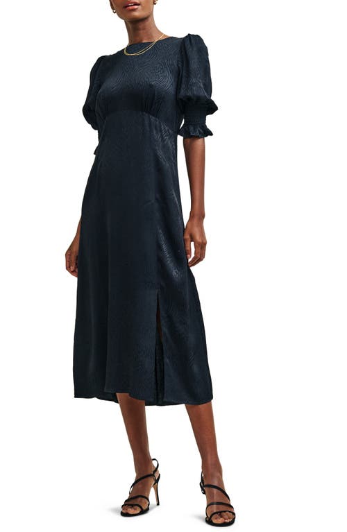 Luna Puff Sleeve Satin Midi Dress in Black