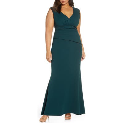 Plus Size Betsy & Adam V-Neck Scuba Crepe Trumpet Gown, Green