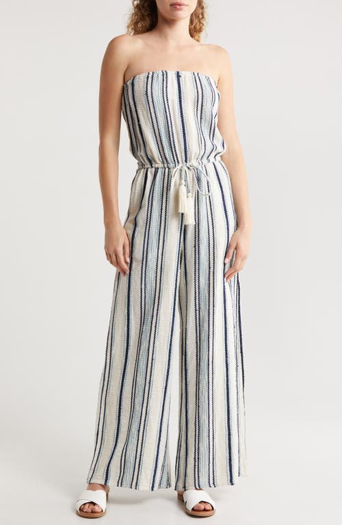 Stripe Strapless Wide Leg Cover-Up Jumpsuit in Natural/Blue Stripe