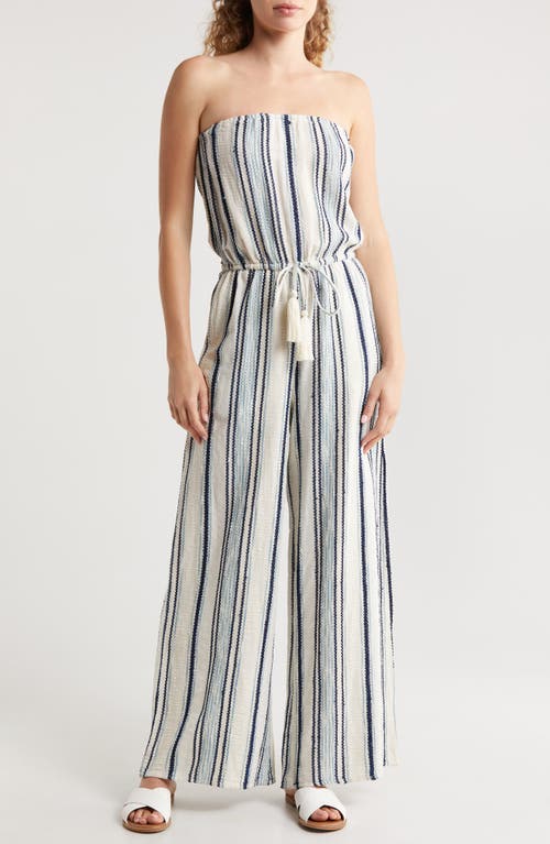 Shop Elan Stripe Strapless Wide Leg Cover-up Jumpsuit In Natural/blue Stripe