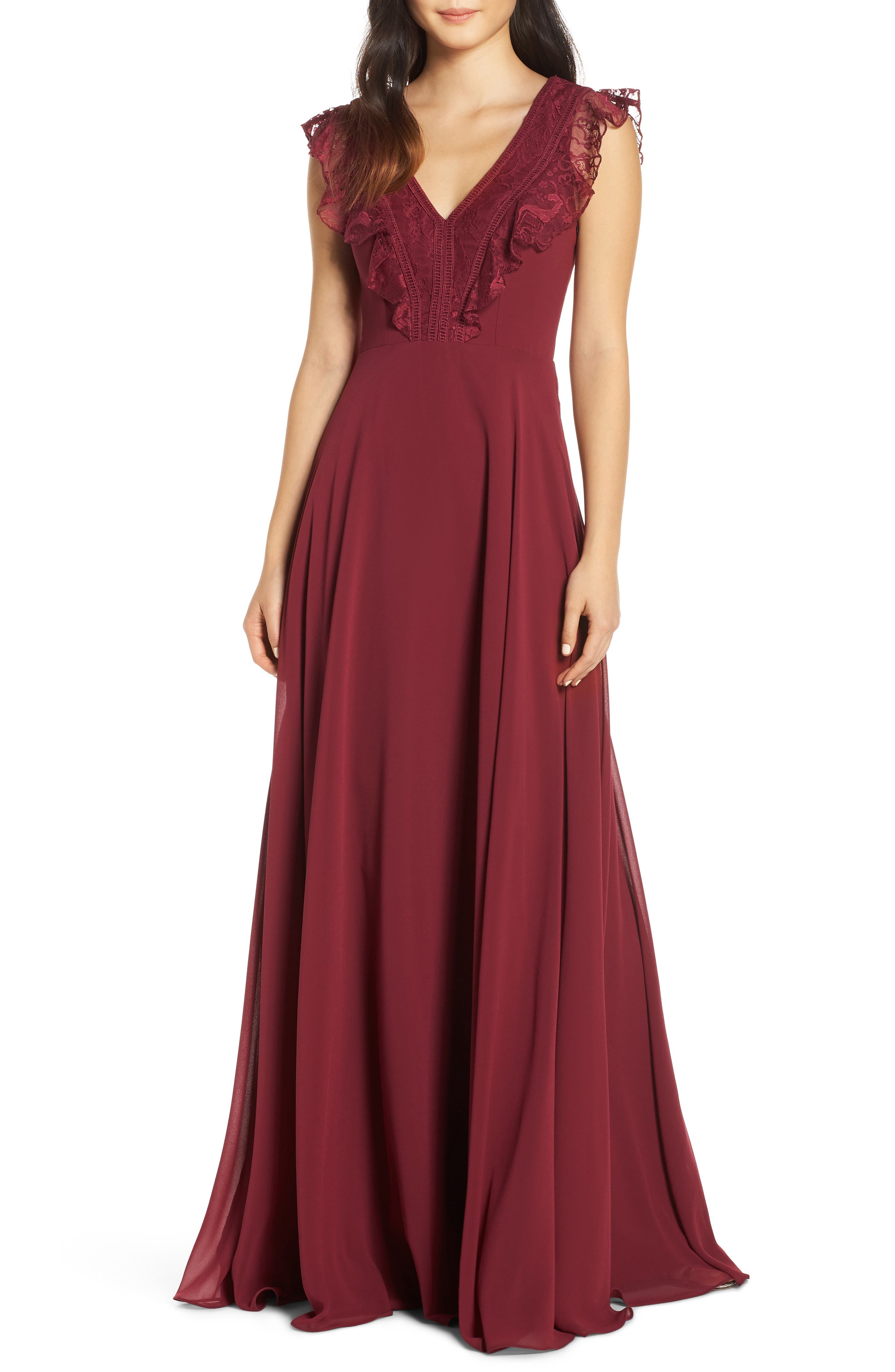 Hayley Paige Occasions Lace V-Neck Chiffon Evening Dress, Burgundy