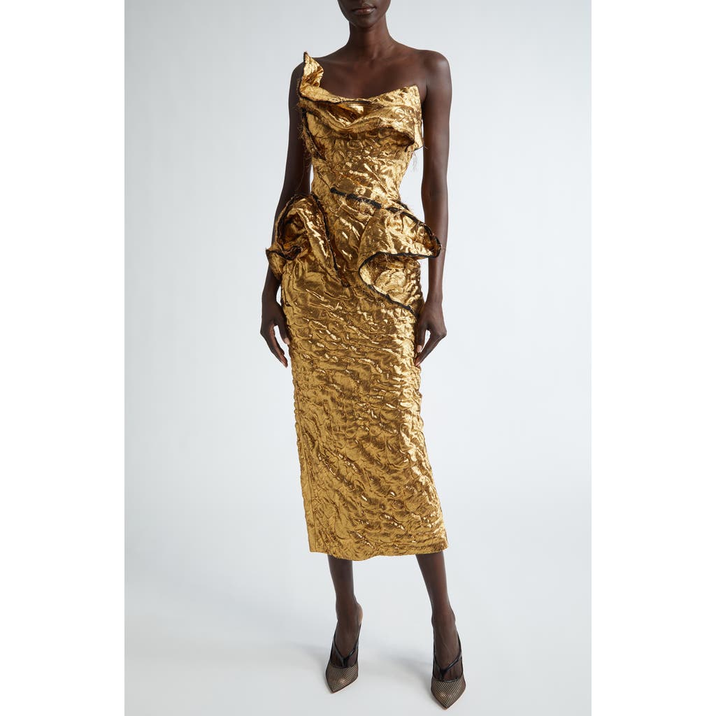 Jason Wu Collection Sculpted Metallic Jacquard Strapless Cocktail Dress in Burnished Gold