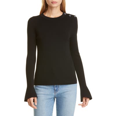 Tory Burch Bijoux Crystal Button Detail Merino Wool Sweater, Black