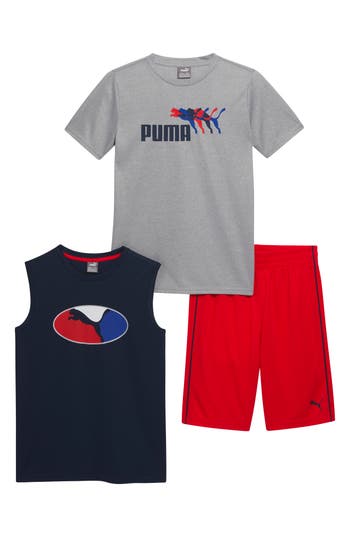 Puma Kids' Performance T-shirt, Tank & Shorts 3-piece Set In Grey/navy