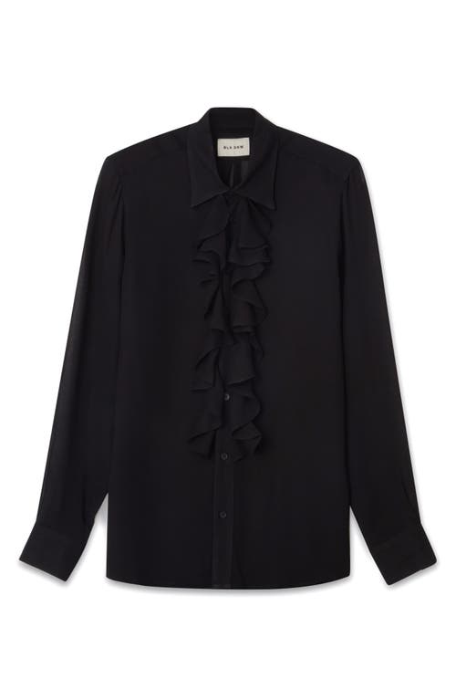 Ruffle Front Button-Up Shirt in Black