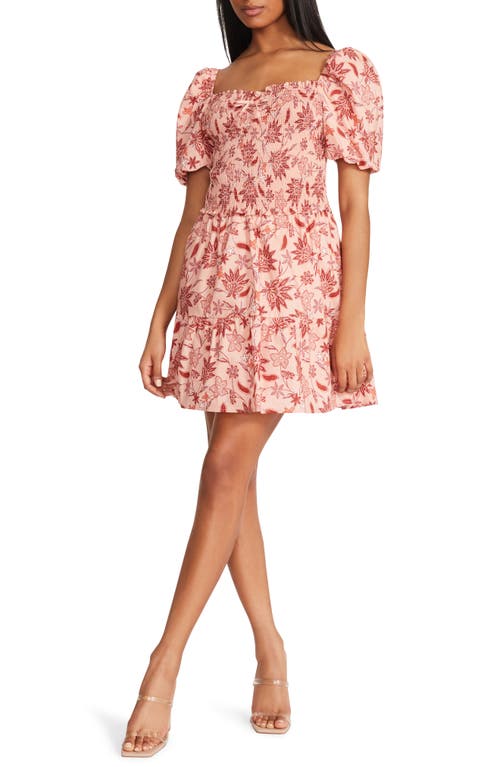 BB Dakota by Steve Madden Cotton Candy Smocked Floral Minidress in Coral Pink