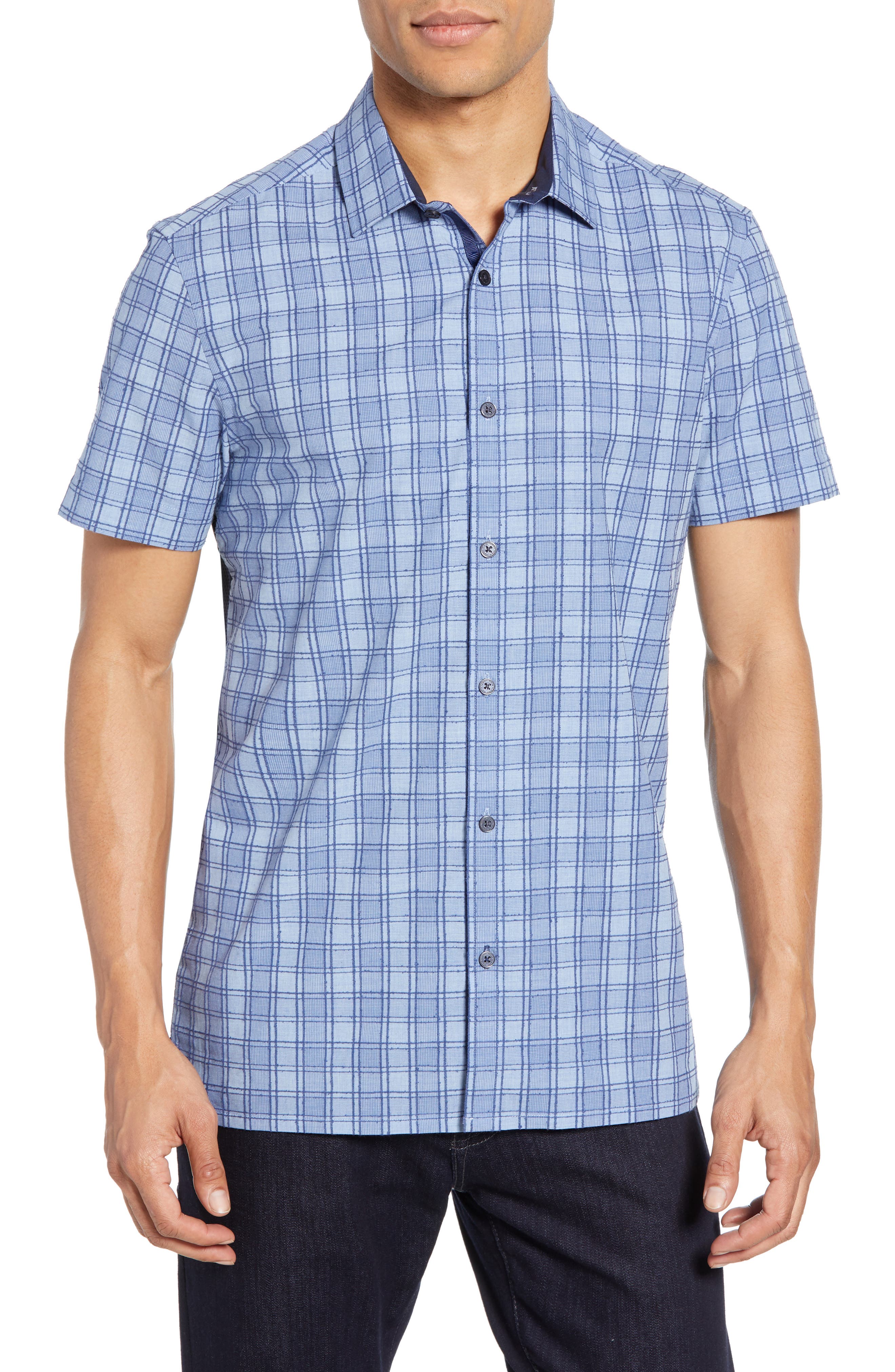Vince Camuto Slim Fit Mix Media Plaid Shirt, Blue