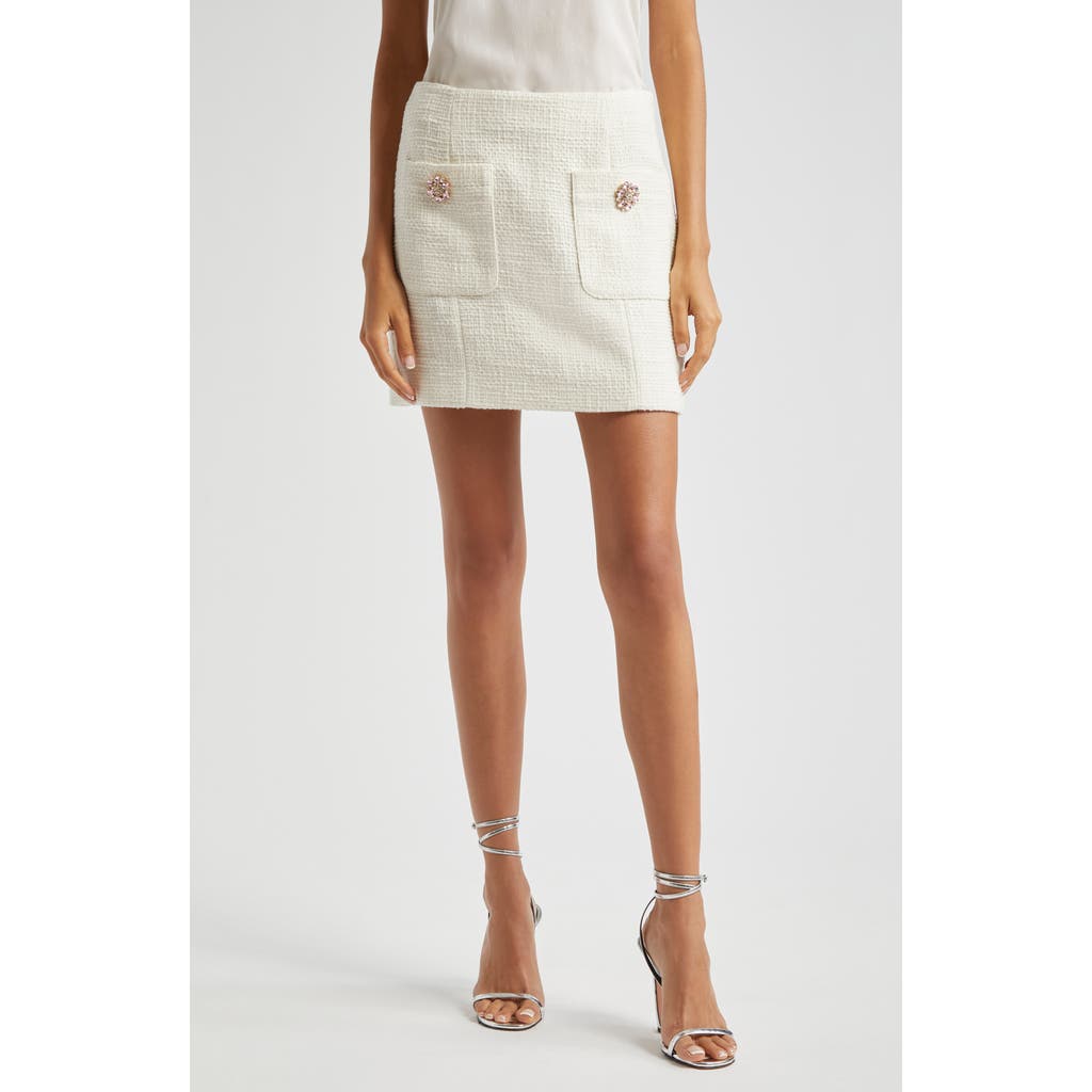 Cinq À Sept Randi Crystal Button Detail Cotton Tweed Miniskirt In Gardenia