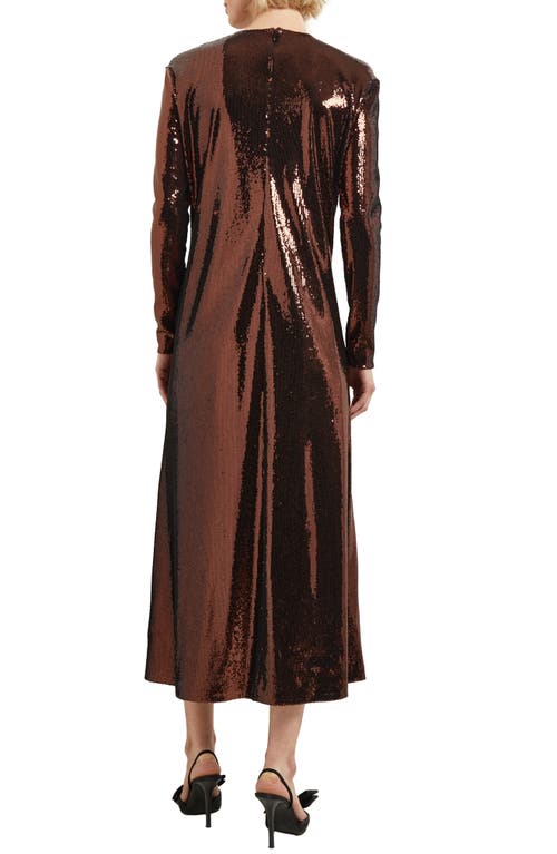 Misook Sequined Long Sleeve Dress In Mahogany