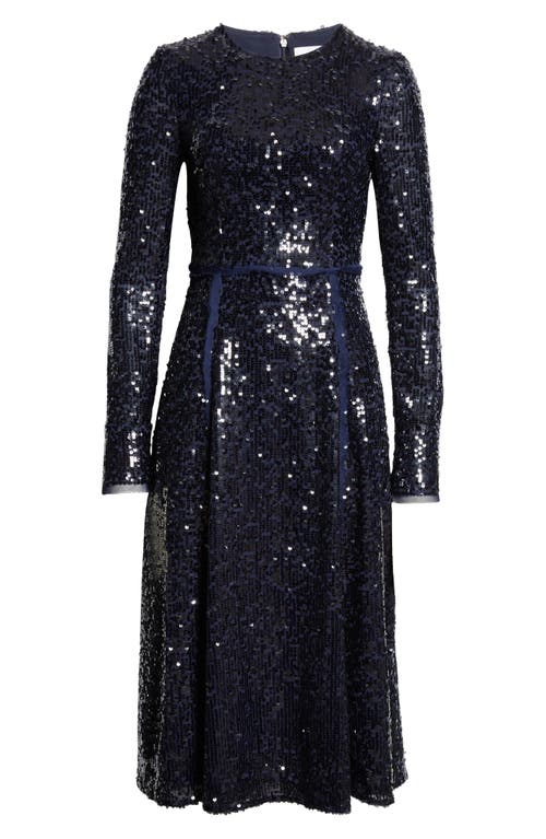 Shop Erdem Sequin Long Sleeve Midi Cocktail Dress In Navy