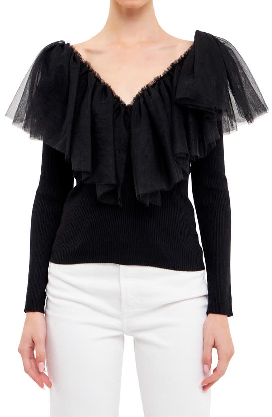 Shop Endless Rose Ruffle Mesh Mixed Media Top In Black