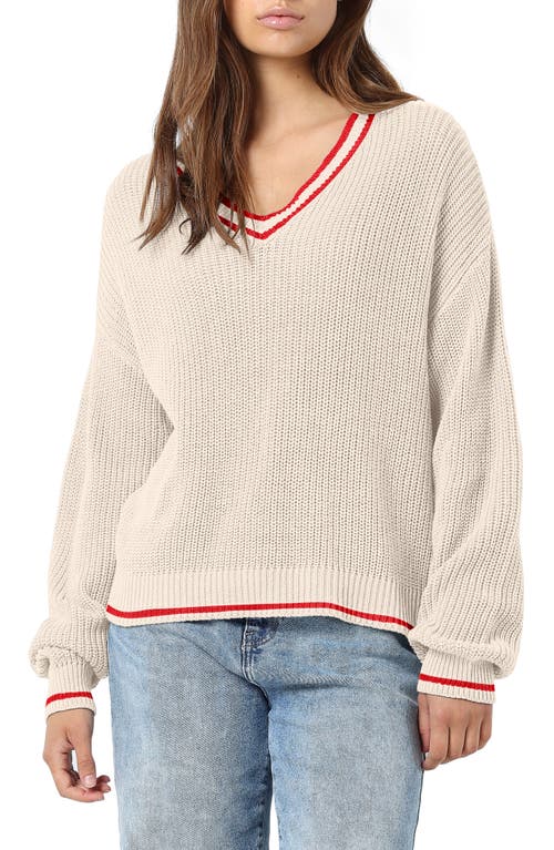 Tenny Stripe V-Neck Sweater in Eggnog Stripes Flame